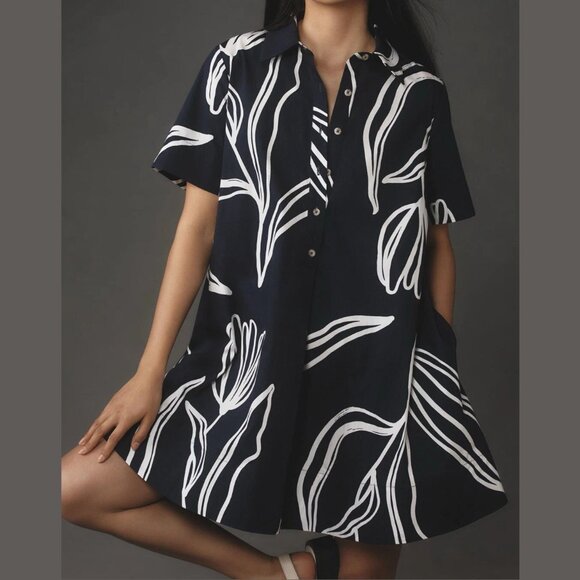 Anthropologie The Pollie Short-Sleeve Swing Tunic Mini Dress Large Petite LP - Picture 2 of 10